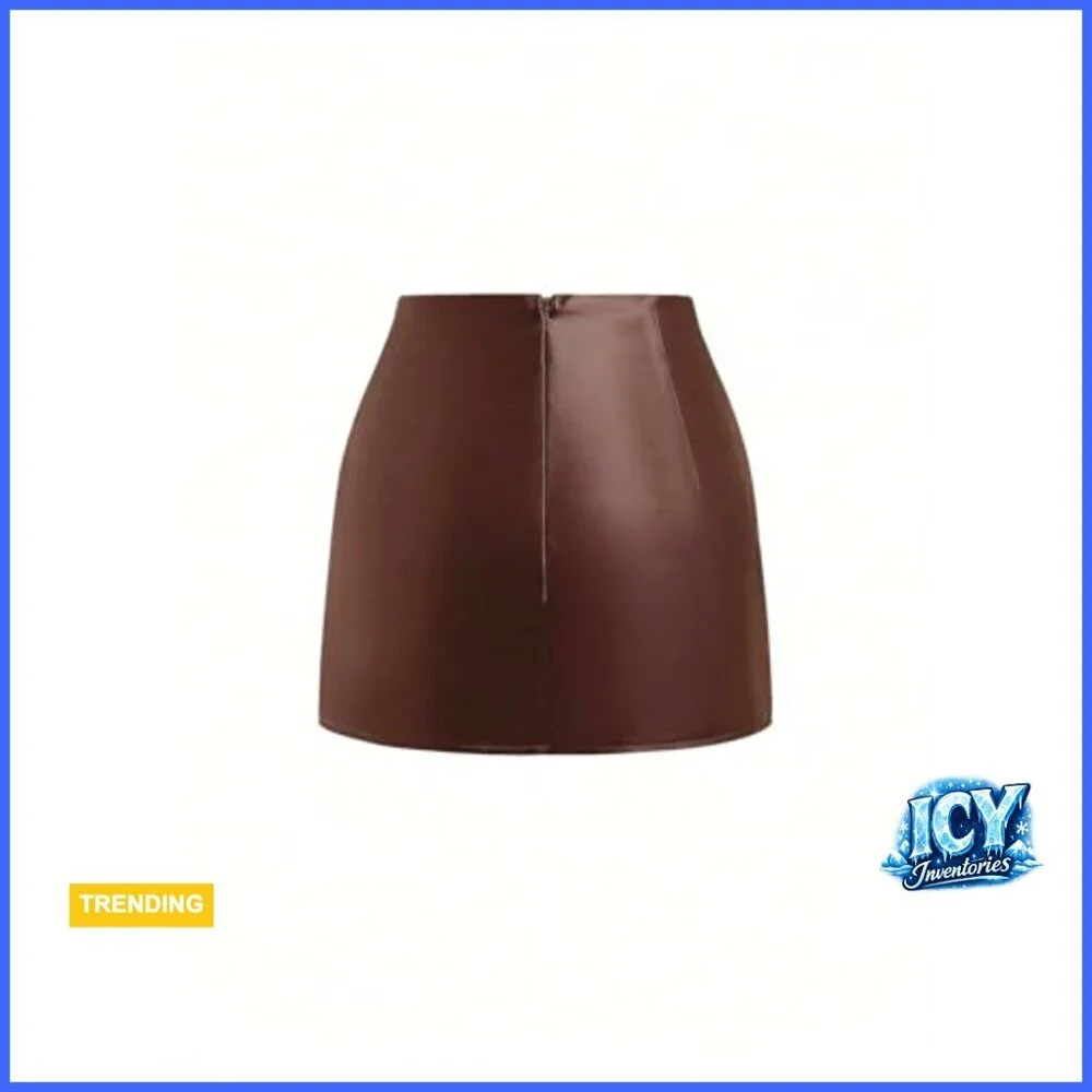 PU Leather Bodycon Mini Skirt with Ruched Side Slit Mid Waist